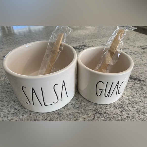 NEW Rae Dunn Salsa & Guac Dip Ceramic Serving Bowls with Wooden Spoons. - Picture 4 of 10
